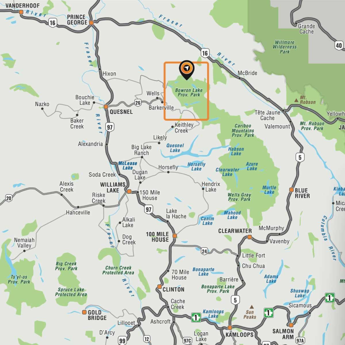 Map highlighting Bowron Lake Provincial Park in British Columbia, Canada