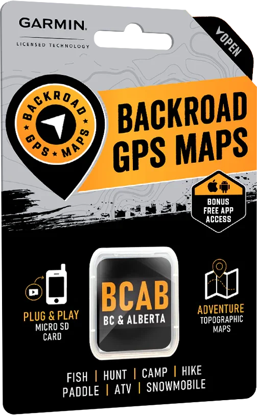 Backroad GPS Maps package for British Columbia and Alberta, Garmin microSD card, outdoor adventure map keywords.