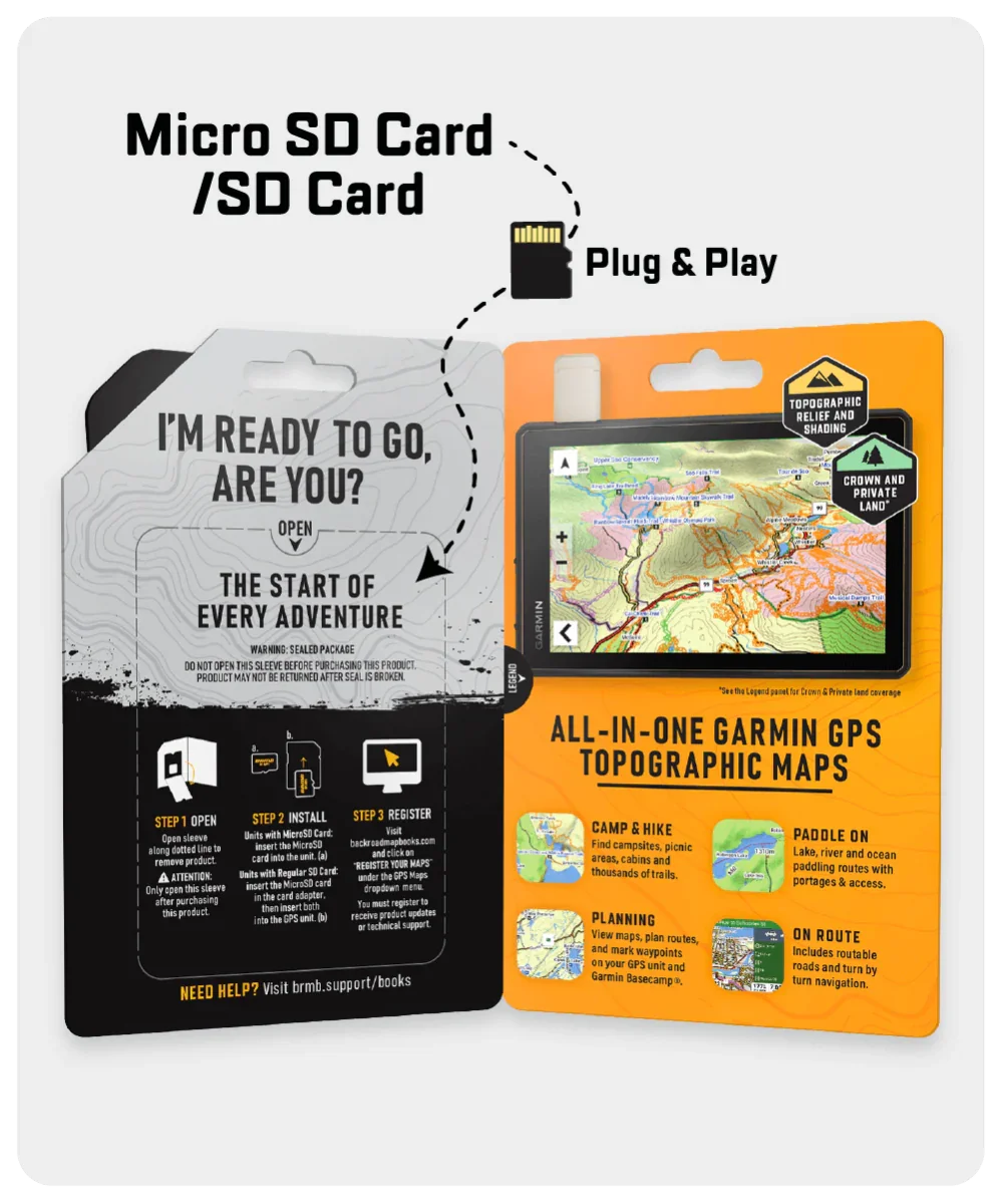 Garmin GPS topographic maps package with instructions and micro SD card for British Columbia, Alberta.