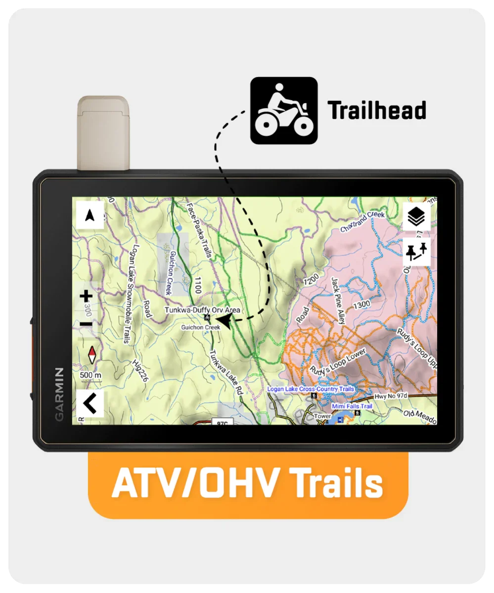 Garmin GPS device displaying British Columbia ATV and OHV trails map with trailhead icon.