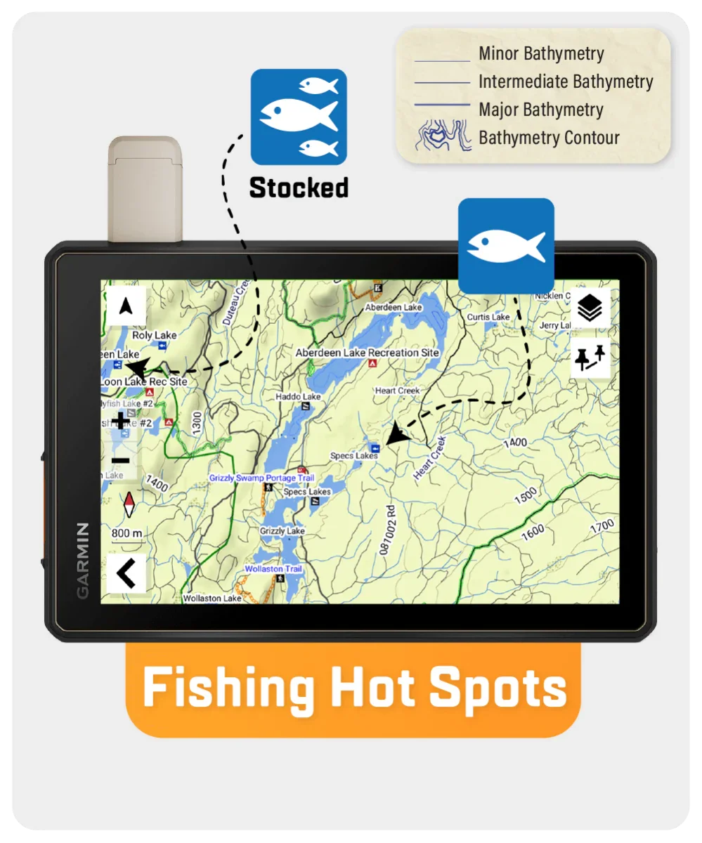 Garmin GPS displaying British Columbia fishing hot spots map with stocked lakes and bathymetry.