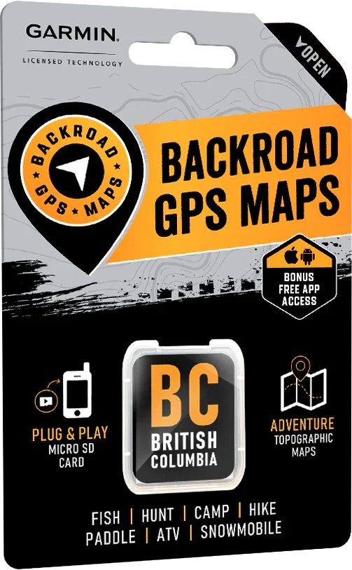 British Columbia Backroad GPS Maps microSD card package for Garmin with topographic map features.