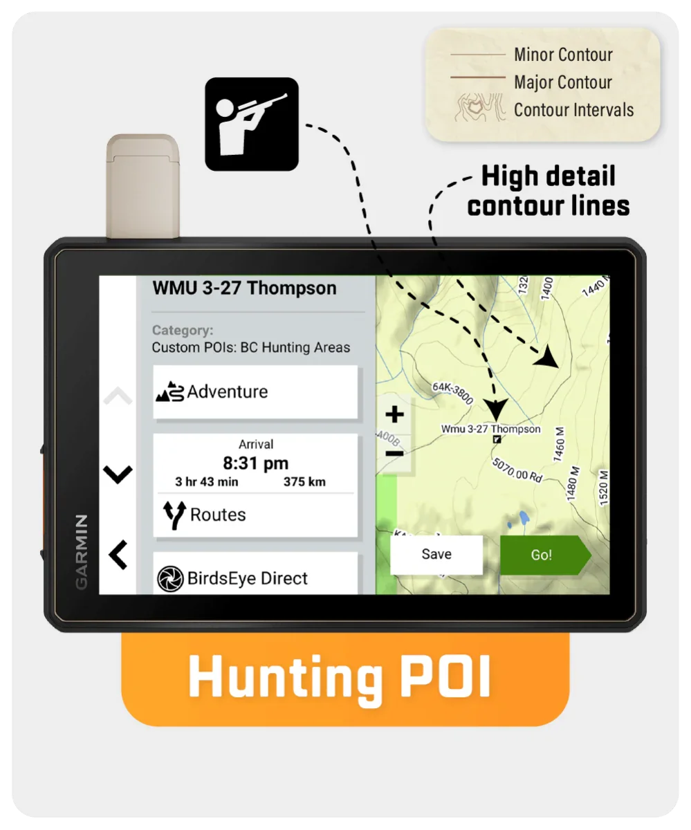 Garmin GPS displaying BC hunting POI map with contour lines and hunting route info