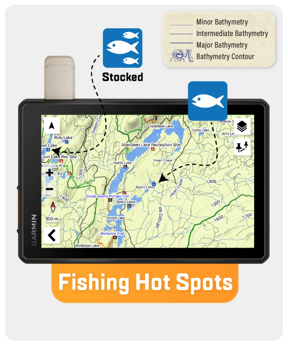 Garmin GPS with British Columbia fishing hot spots and stocked lakes map display