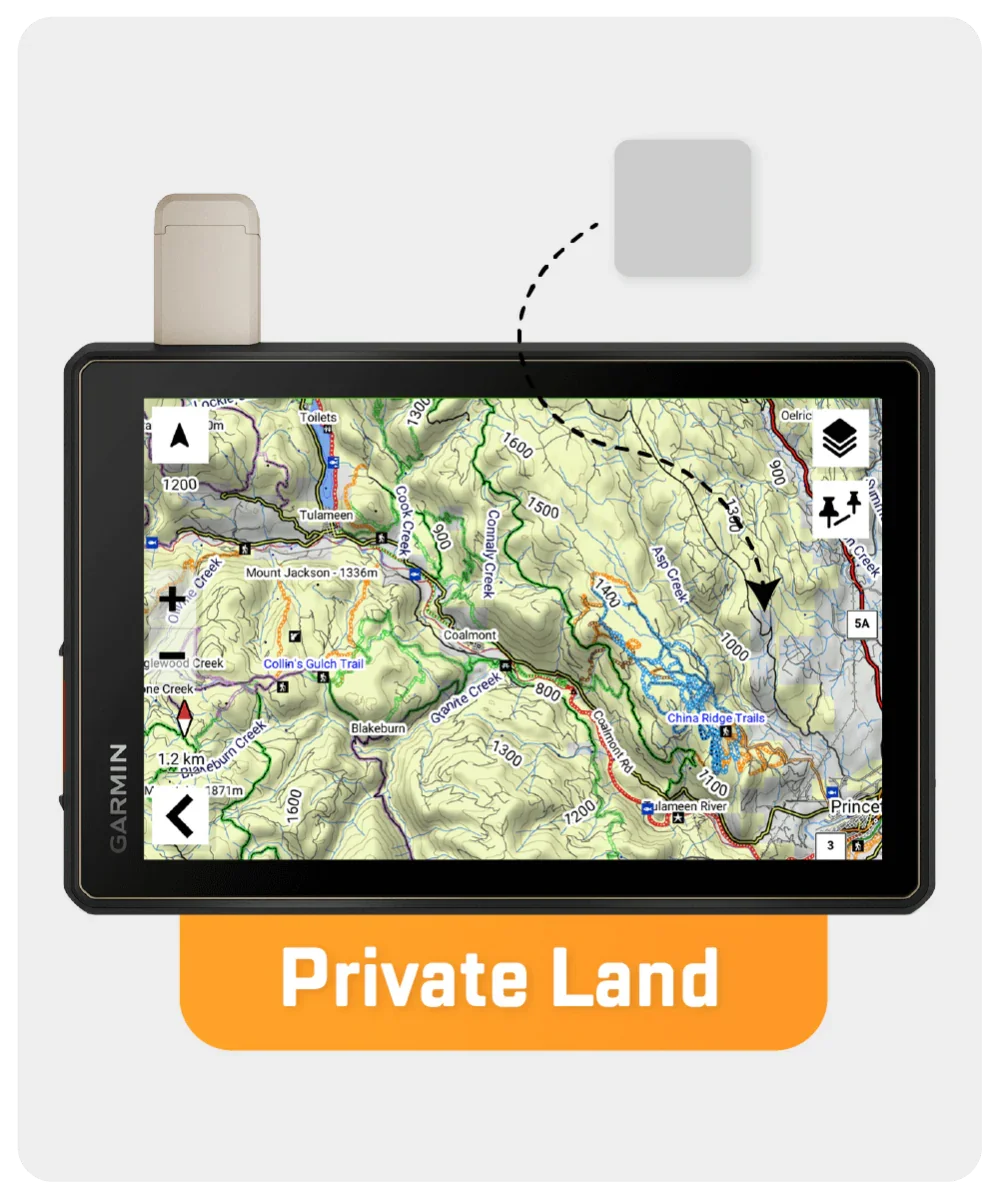 GPS device displaying British Columbia topographic map with highlighted private land