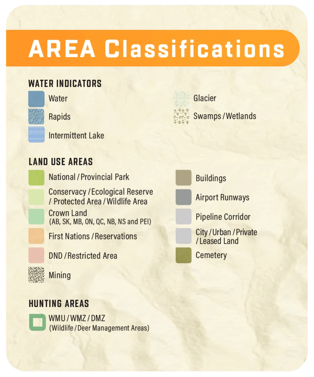 British Columbia GPS map area classifications legend for water, land, and hunting areas.