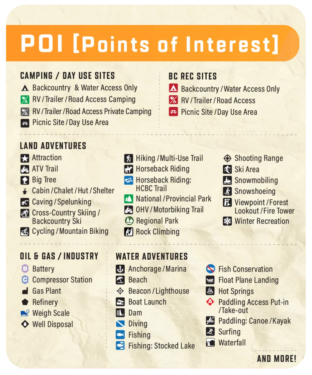 British Columbia GPS map legend with points of interest symbols for camping, recreation, outdoor adventures, oil, gas, and water activities.