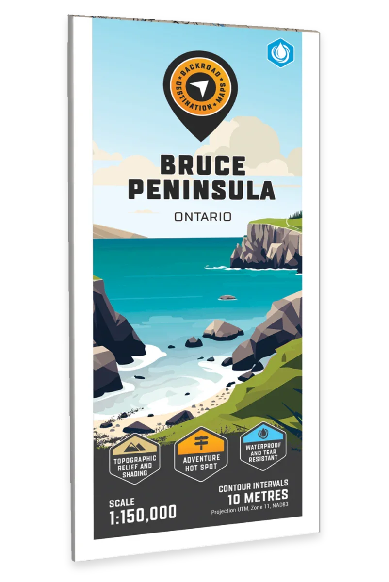 Bruce Peninsula Ontario map cover with illustrated cliffs, lake, and adventure icons