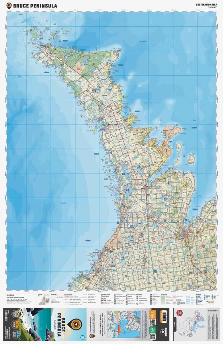 Bruce Peninsula Ontario destination map with roads, parks, and water features detailed.