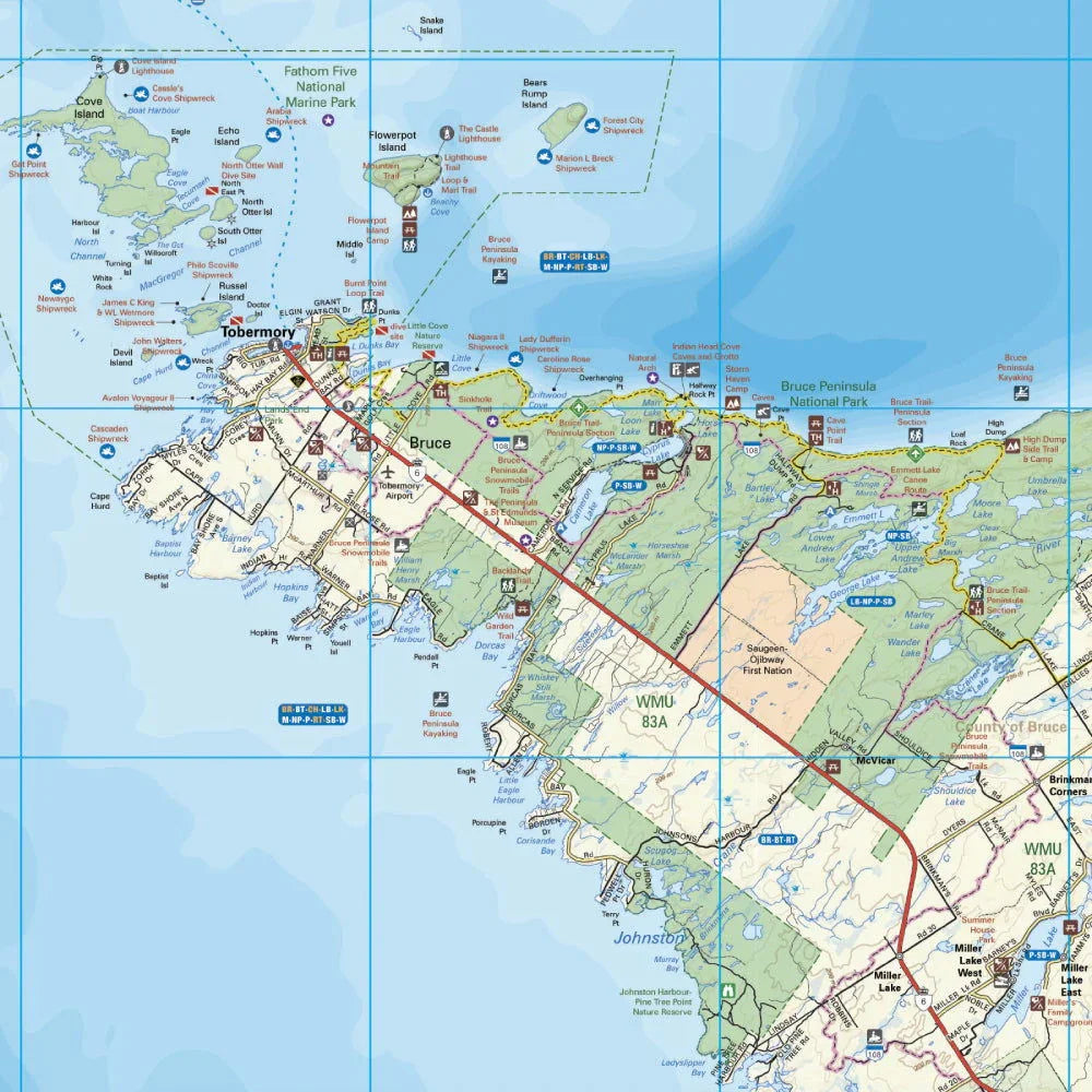 Bruce Peninsula Ontario map showing Tobermory, Bruce National Park, roads, and landmarks