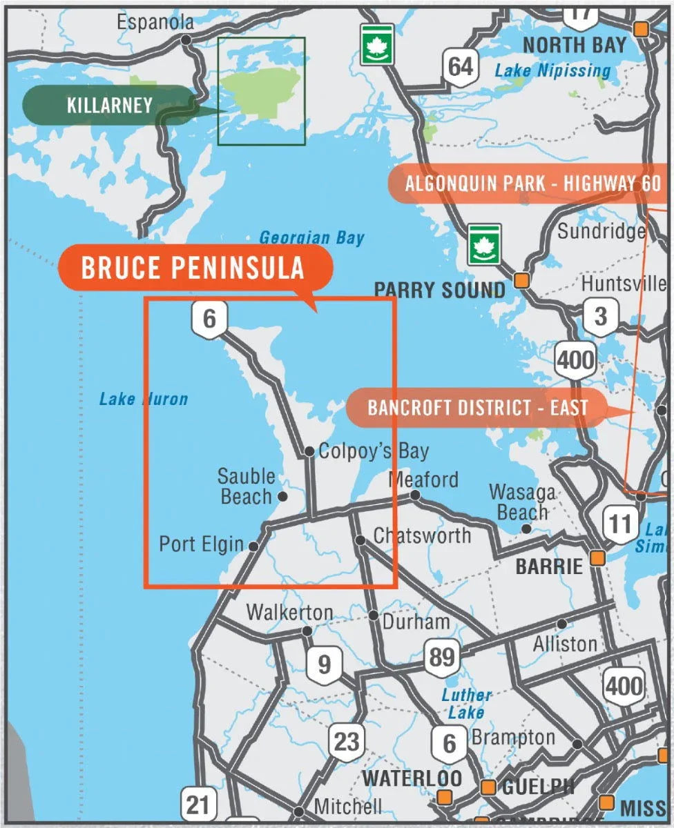 Bruce Peninsula Ontario map with Lake Huron, Sauble Beach, and nearby parks highlighted