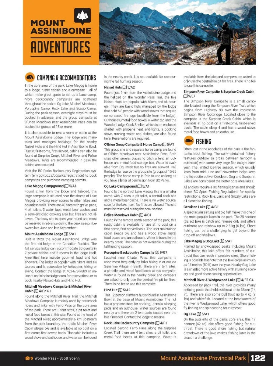 Mount Assiniboine Provincial Park guide with adventure info, campsite details, and a scenic mountain photo.