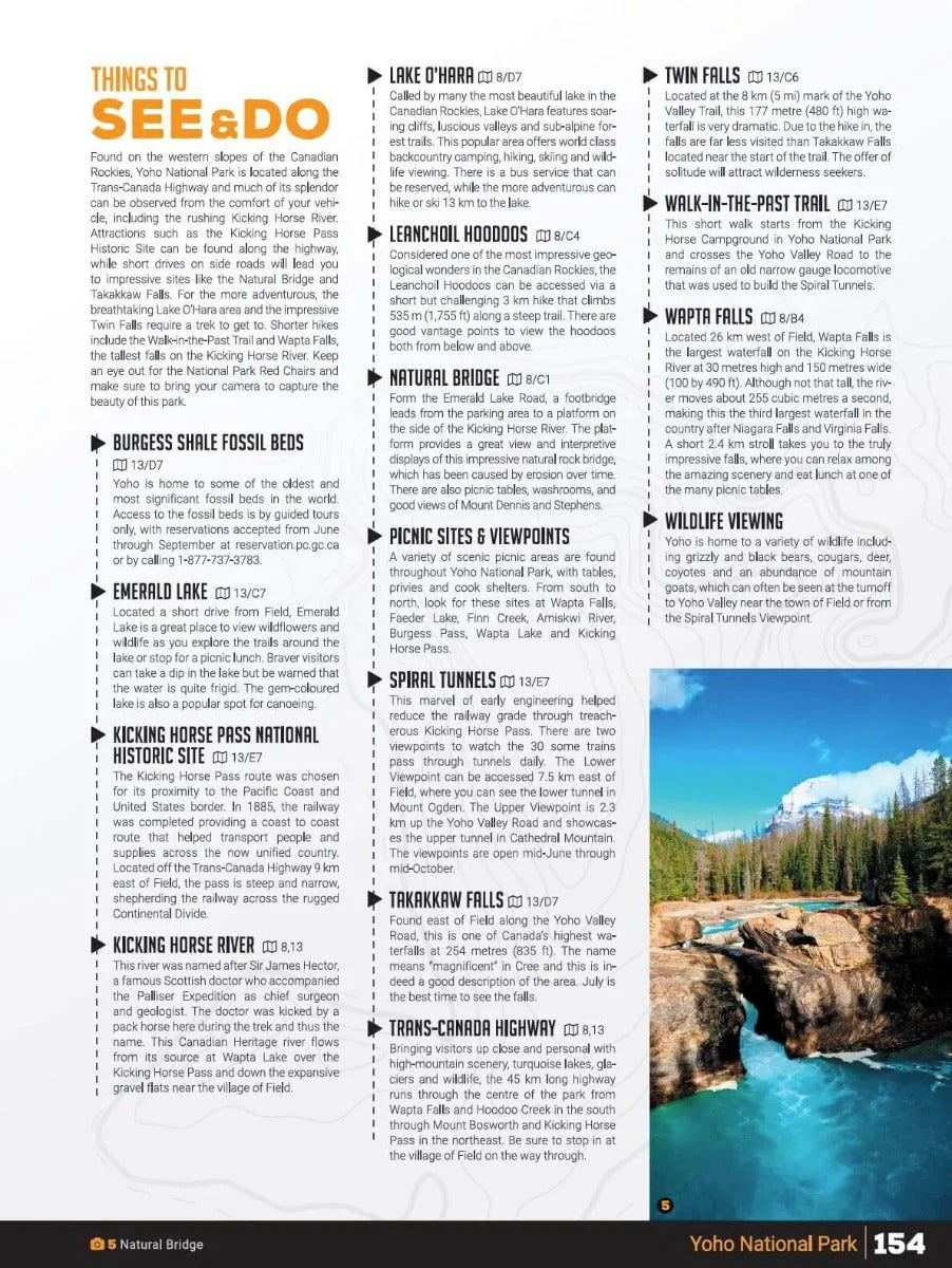 Yoho National Park guide page with a list of attractions and a photo of a river and waterfall
