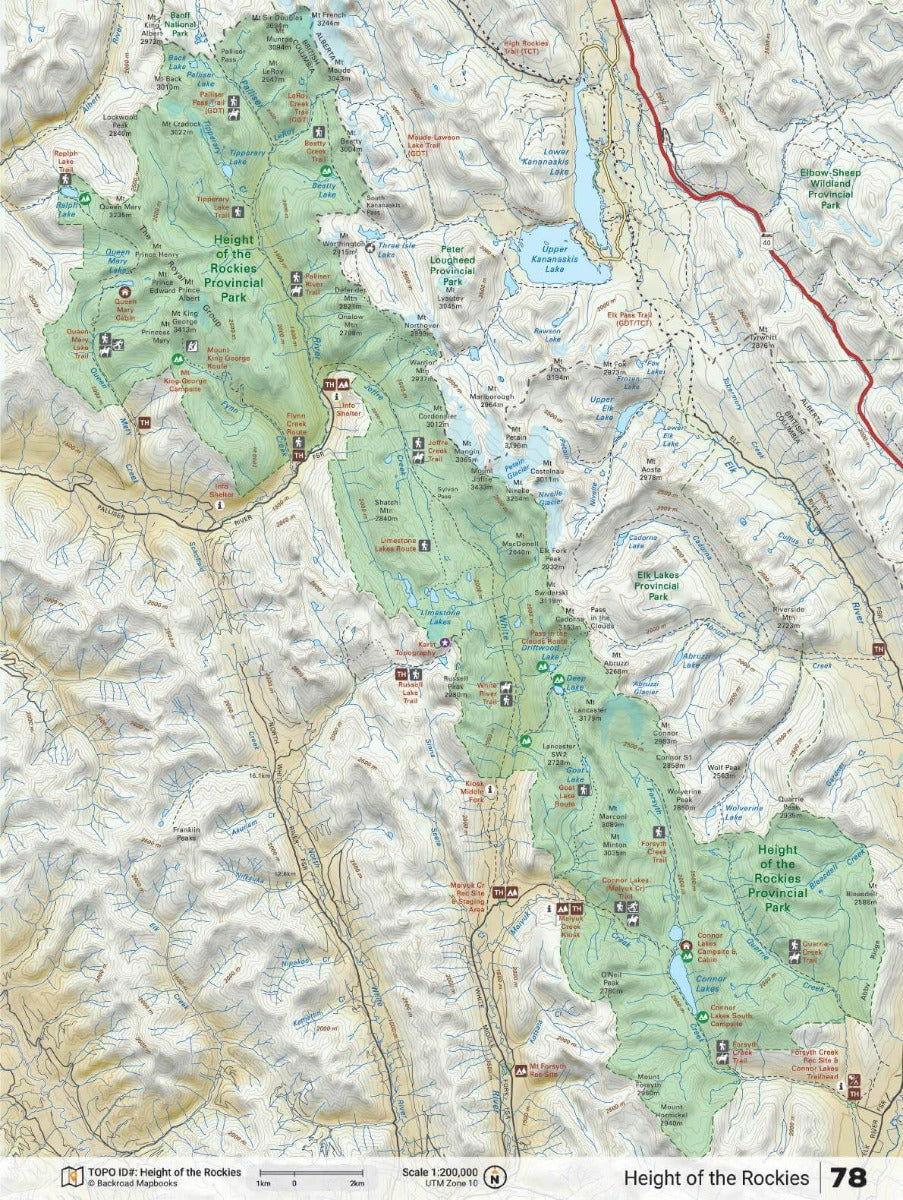 Canadian Rockies backroad map with Height of the Rockies Provincial Park and marked trails