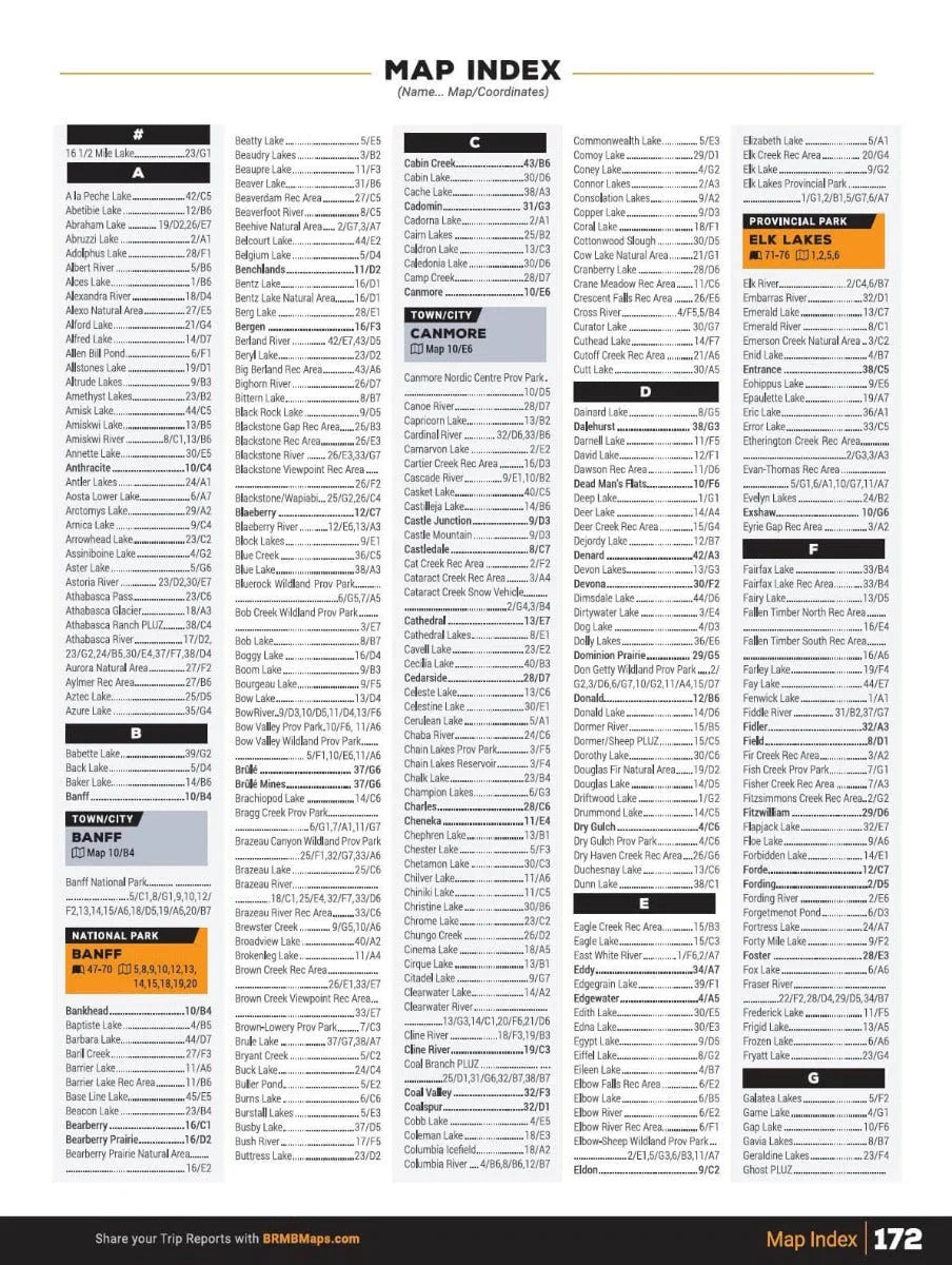 Canadian Rockies backroad map index page with alphabetical list of locations and coordinates.