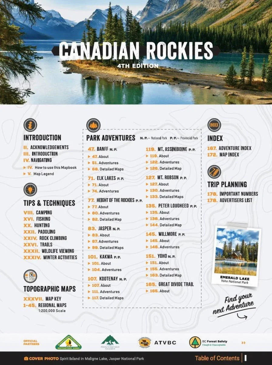 Canadian Rockies Backroad Mapbook cover, scenic lake, mountains, park adventures index