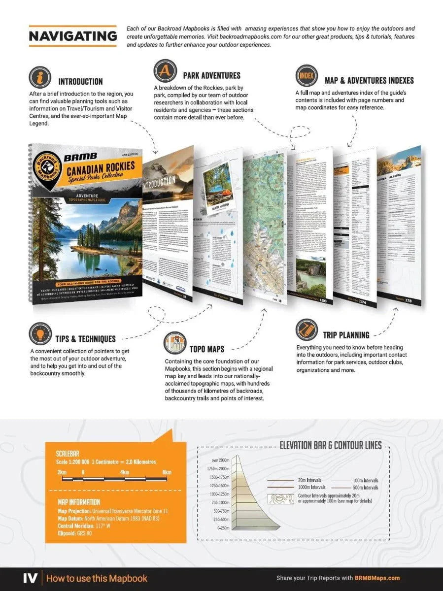Canadian Rockies Backroad Mapbook guide pages overview, highlighting maps, tips, and adventure planning.