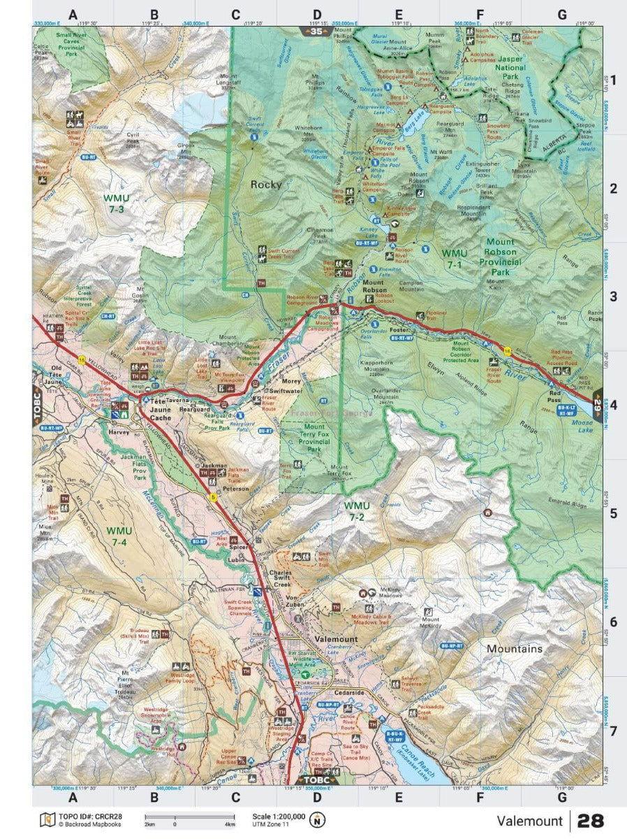 Canadian Rockies backroad map showing Valemount, Mount Robson, highways, parks, and trails