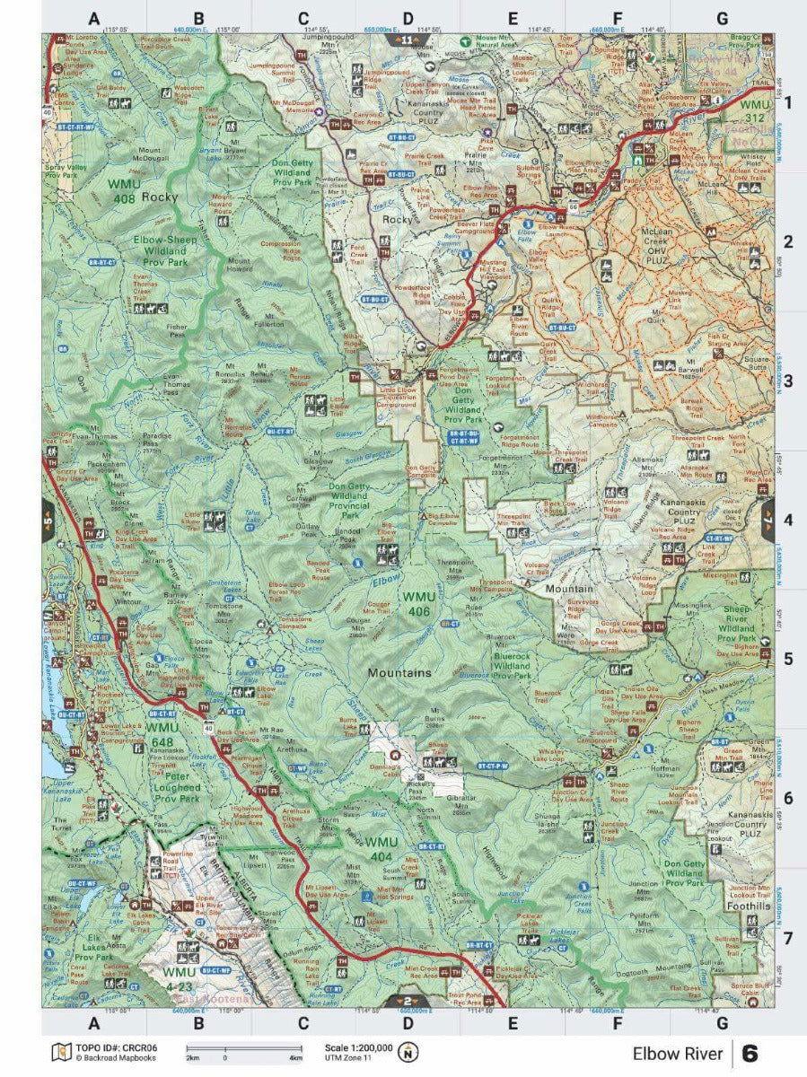 Canadian Rockies backroad map with parks, trails, Elbow River, and topographic details