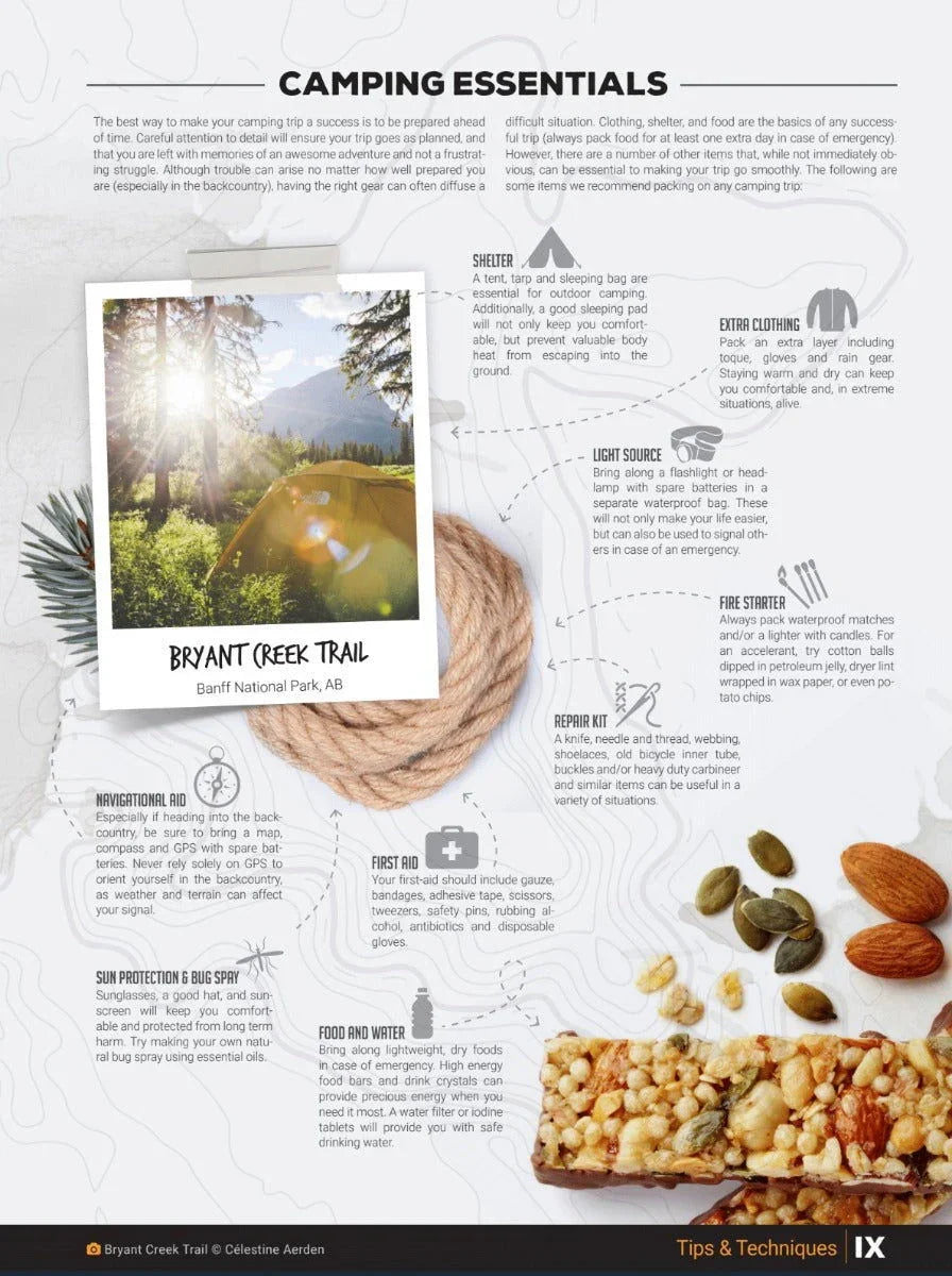 Camping essentials guide with photo of bright yellow tent at Bryant Creek Trail, Banff National Park