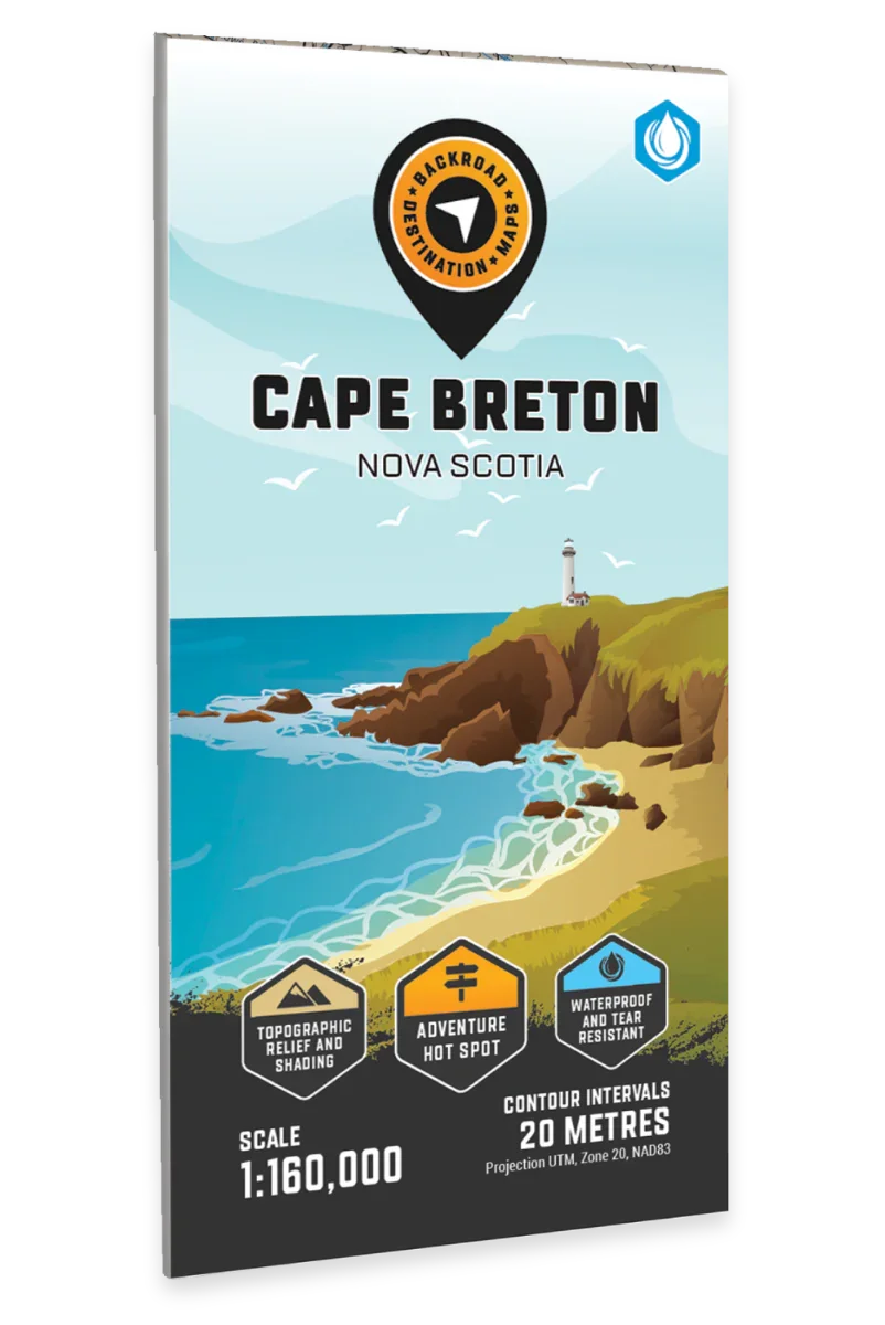 Cape Breton Island map cover featuring a lighthouse, coastal cliffs, and adventure icons, Nova Scotia