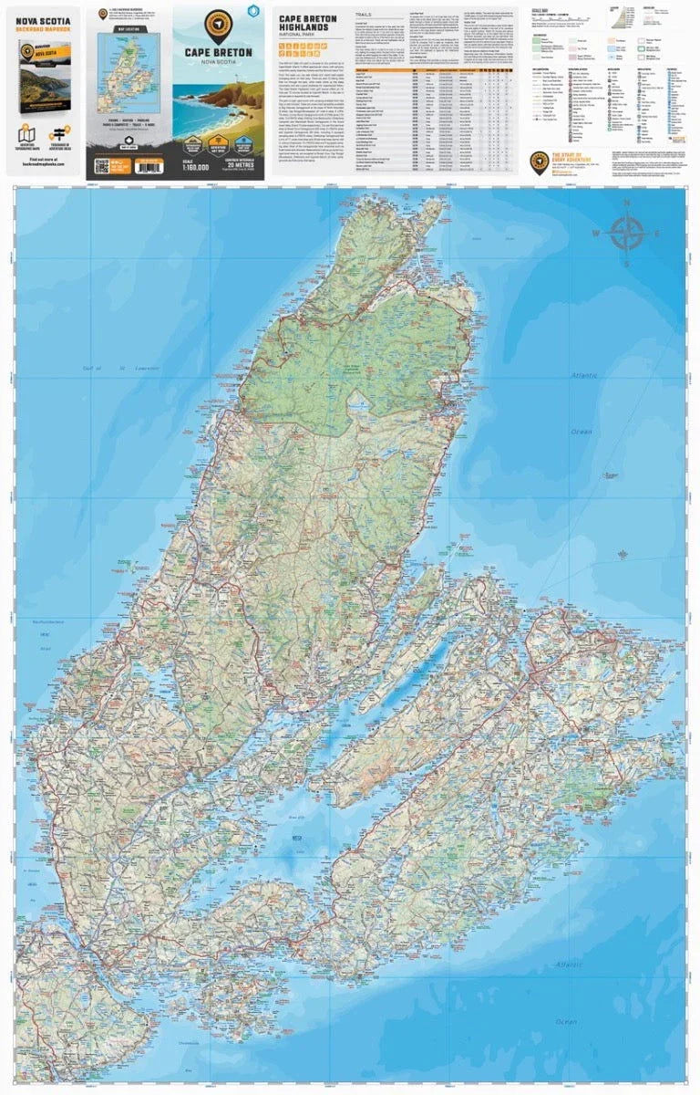 Cape Breton Island map with detailed roads, trails, and topography in Nova Scotia