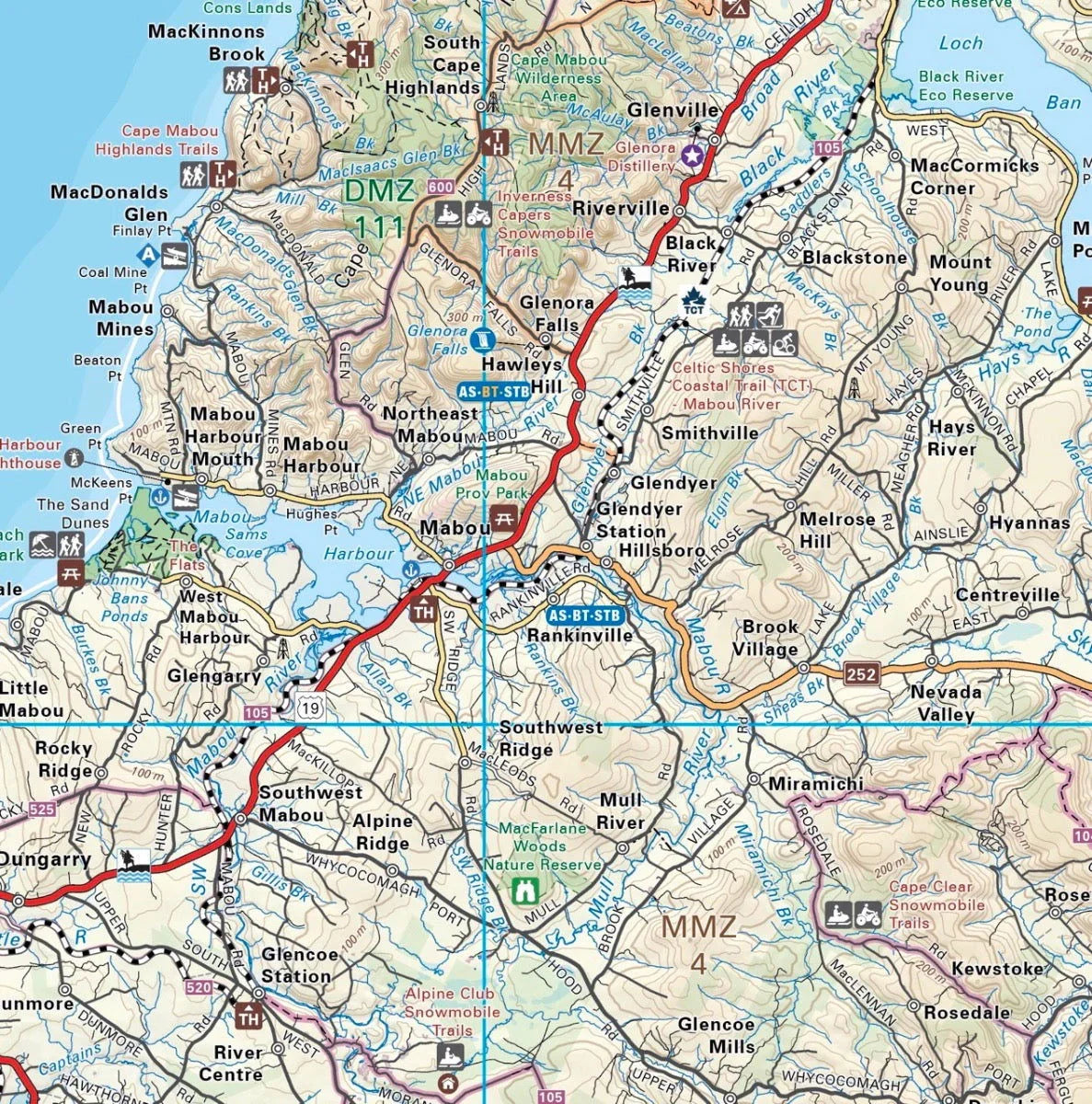 Cape Breton Island Nova Scotia destination map showing Mabou, Glenora Falls, and trails