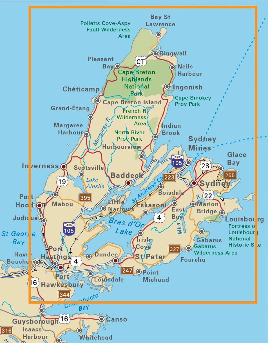 Cape Breton Island Nova Scotia destination map with parks, towns, highways, and lakes labeled