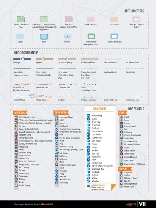 Cariboo Chilcotin Coast BC backroad map legend with area indicators, symbols, fish species.