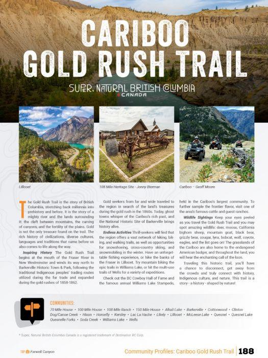 Cariboo Gold Rush Trail page with scenic photos of Lillooet, a heritage site, and ATV riders in BC