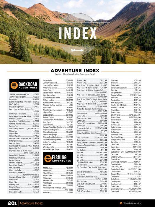 Cariboo Chilcotin Coast BC Backroad Mapbook adventure index page with mountain landscape.