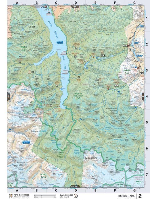 Cariboo Chilcotin Coast BC backroad map with Chilko Lake, parks, and topographic details