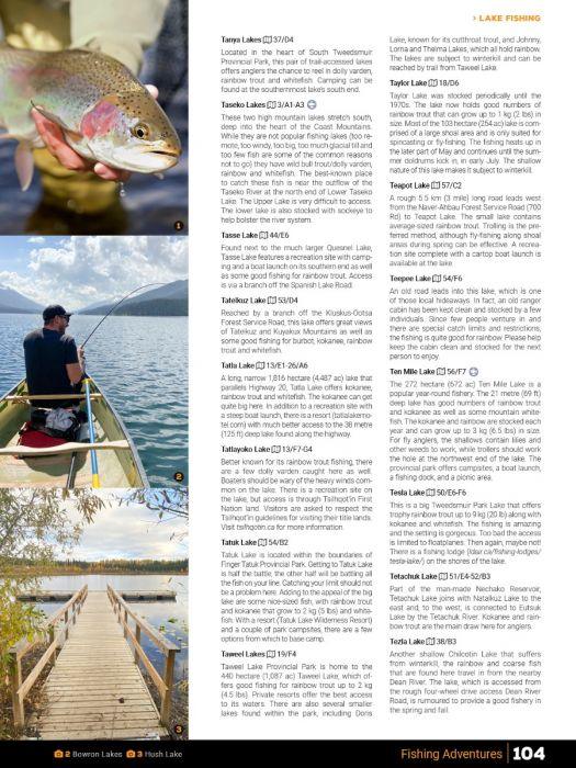 Backroad Mapbook page with fishing info, images of caught fish, canoe angler, and lakeside dock.