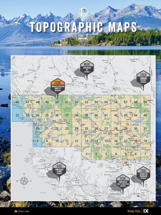 Cariboo Chilcotin Coast BC backroad mapbook cover with topographic map and mountain lake background
