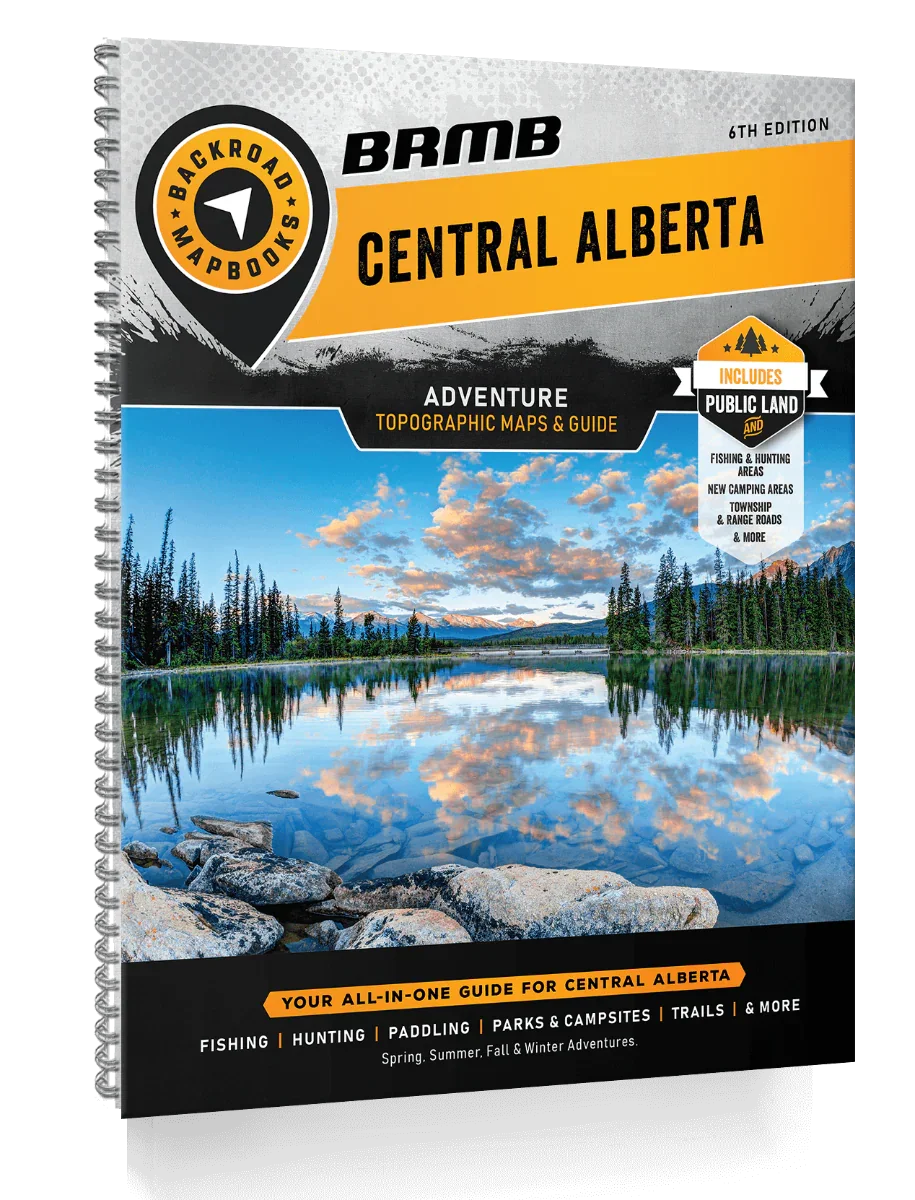 Central Alberta Backroad Mapbook cover with lake, mountains, forest, and outdoor adventure guide