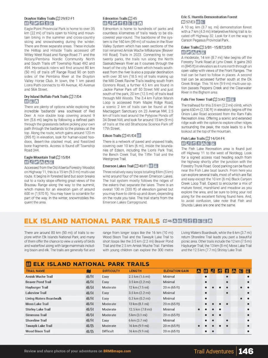 Central Alberta trail guide page listing hiking and biking routes and Elk Island National Park trails