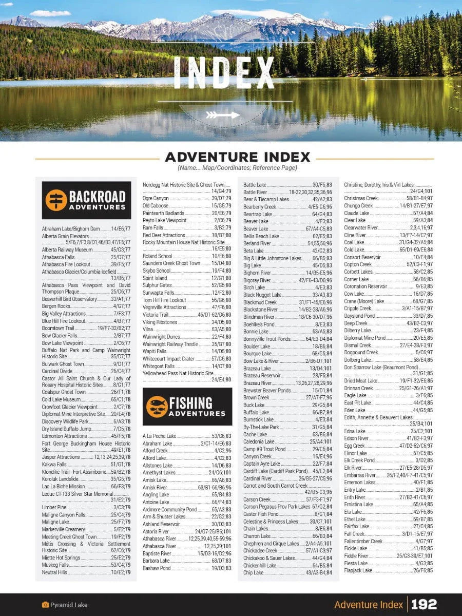 Central Alberta Backroad Mapbook page showing adventure and fishing index with mountain lake photo