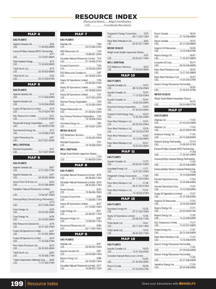 Central Alberta Backroad Mapbook resource index page listing gas plants and companies by map.