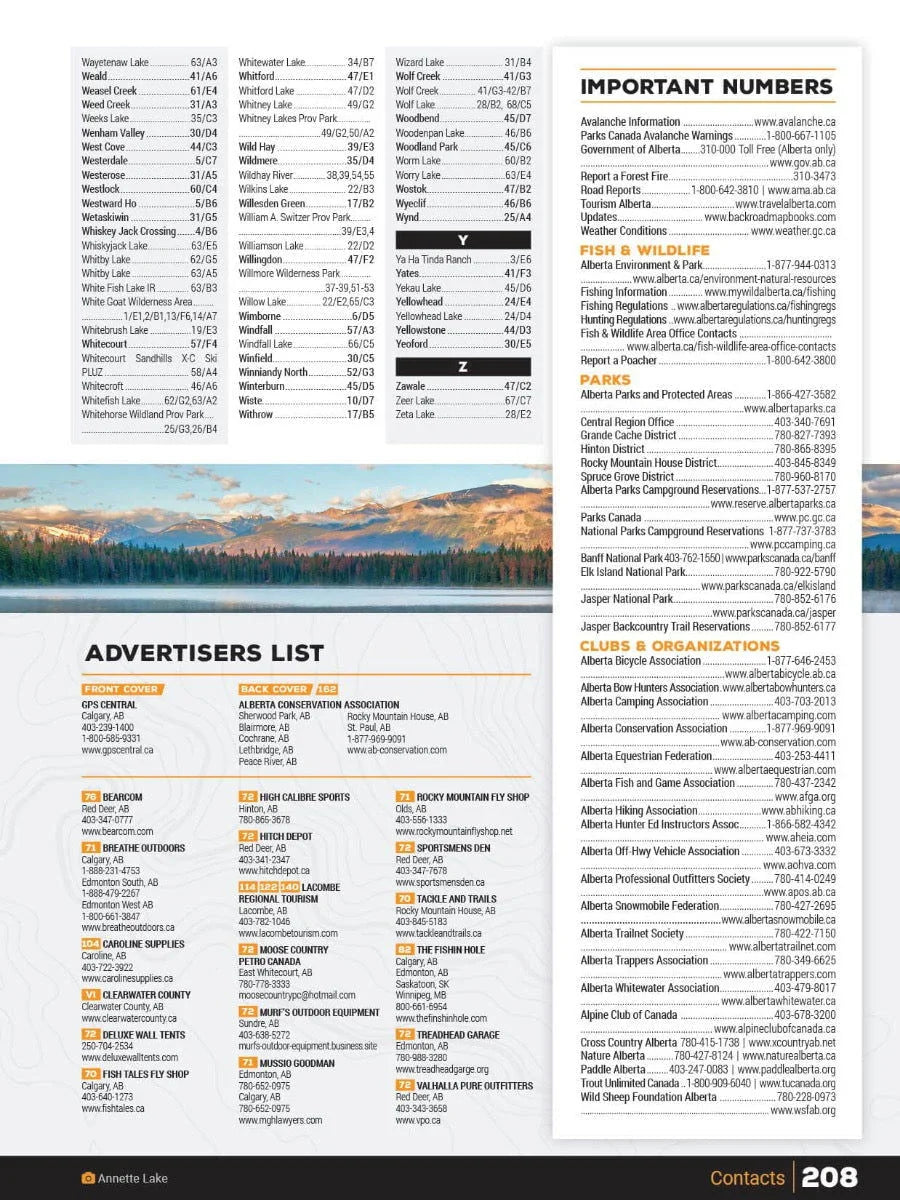 Central Alberta Backroad Mapbook contact page with advertisers, important numbers, and scenic photo.