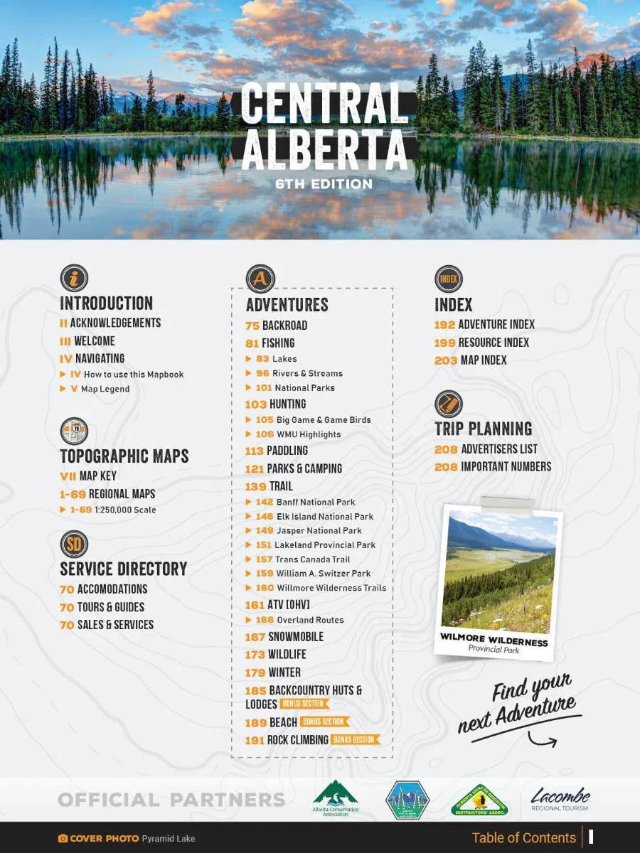 Central Alberta Backroad Mapbook cover with lake reflection, pine trees, mountains, and table of contents.