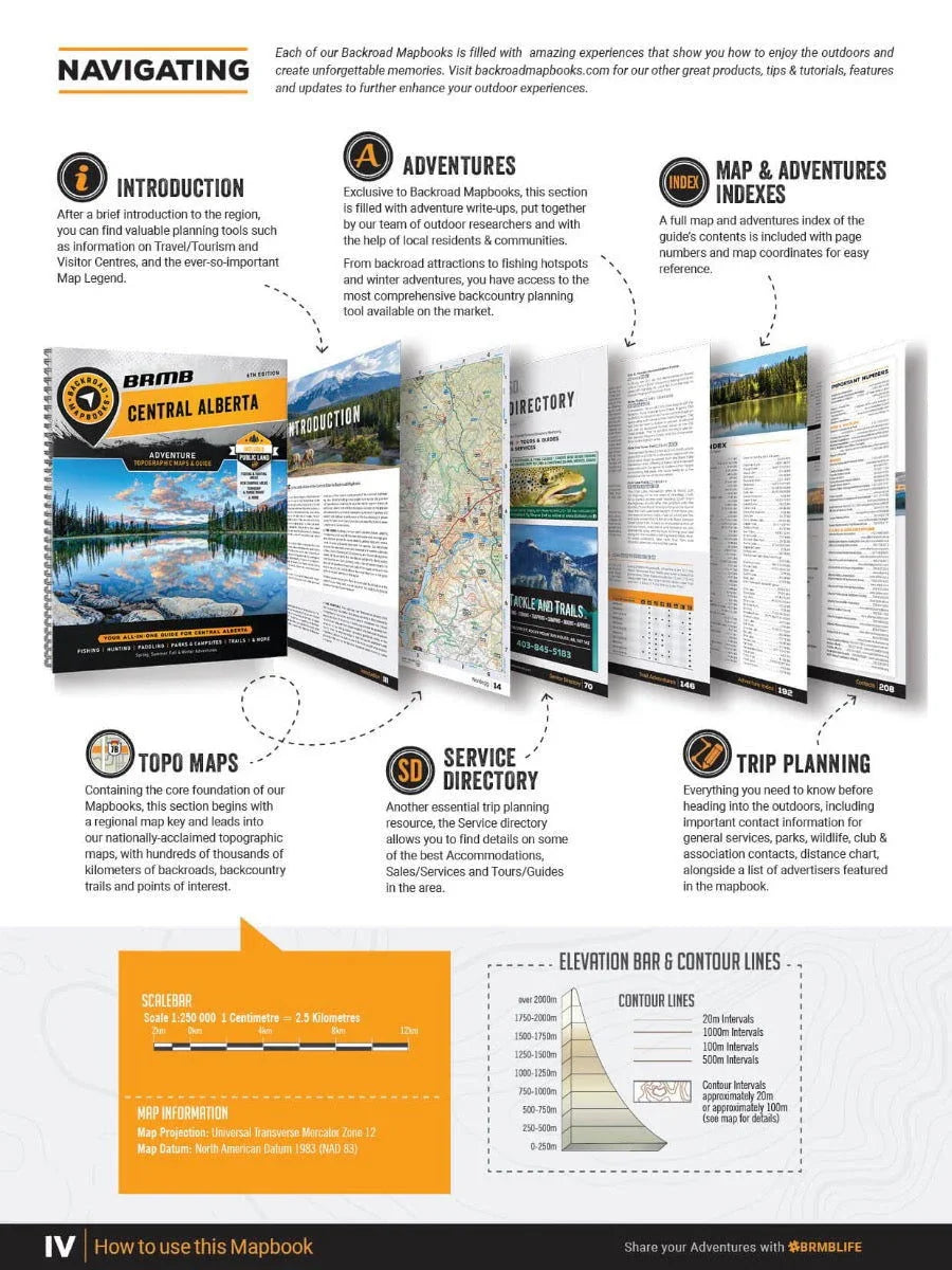 Central Alberta Backroad Mapbook cover and feature breakdown, including adventure guides, topo maps, trip planning, service directory, and map indexes.