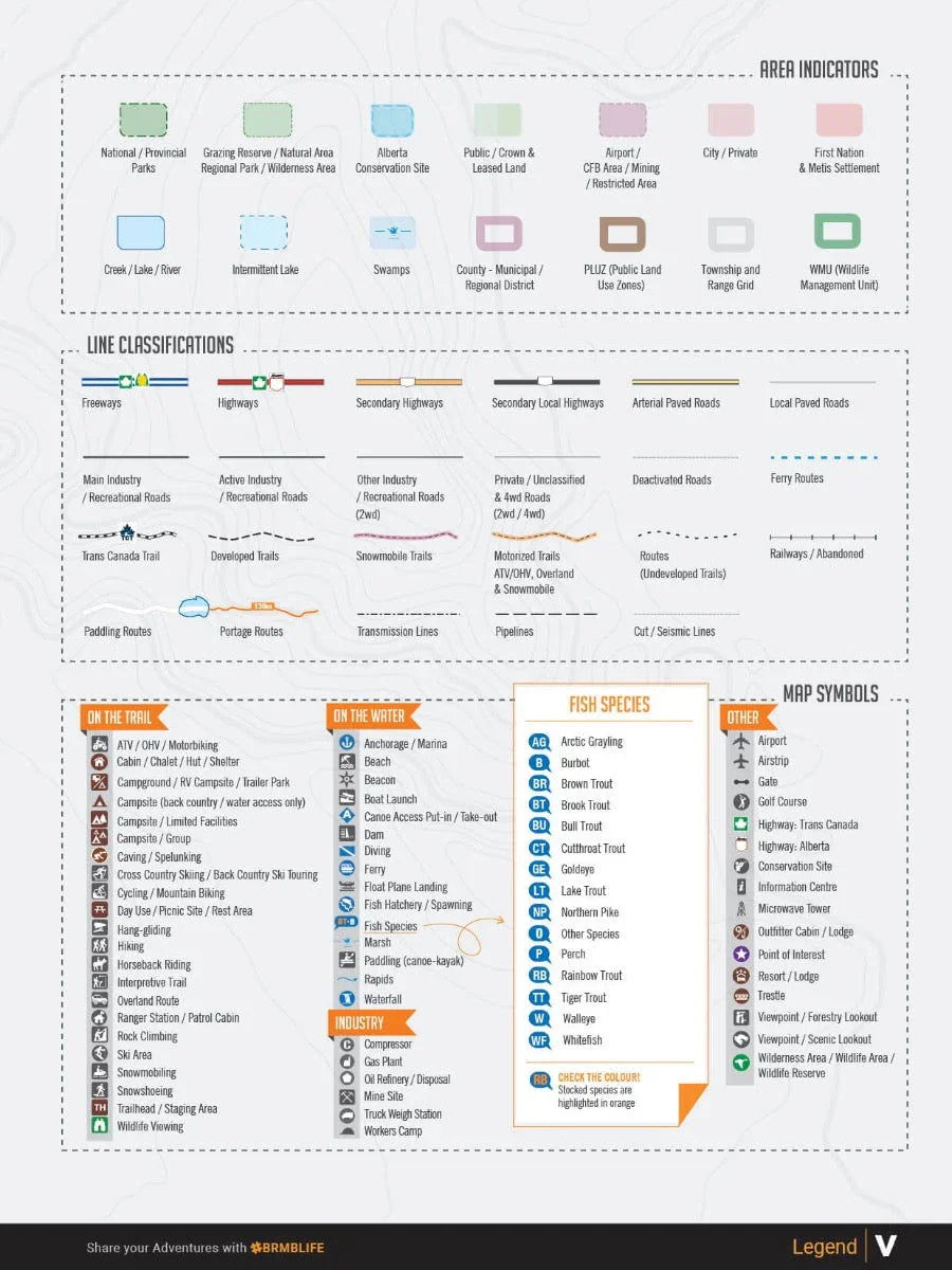 Central Alberta Backroad Mapbook legend showing area indicators, line classifications, map symbols, and fish species icons.