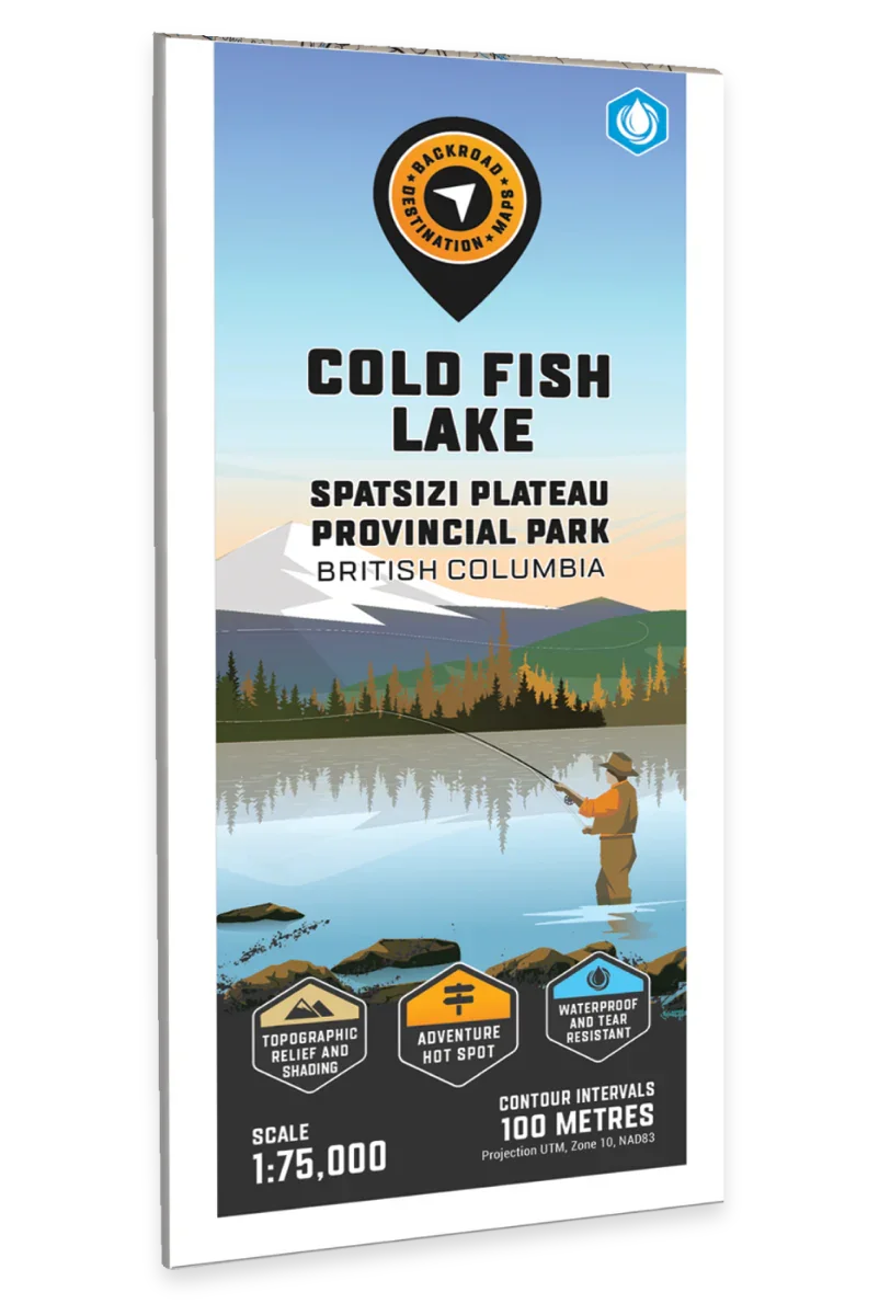 Cold Fish Lake Spatsizi Plateau Provincial Park map cover featuring a fisherman, mountains, and lake in British Columbia.