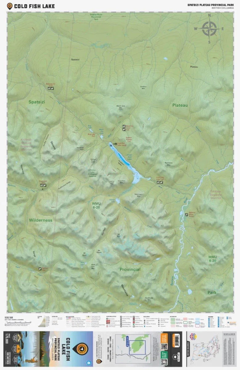 Topographic map of Cold Fish Lake at Spatsizi Plateau Provincial Park, BC, showing terrain and trails