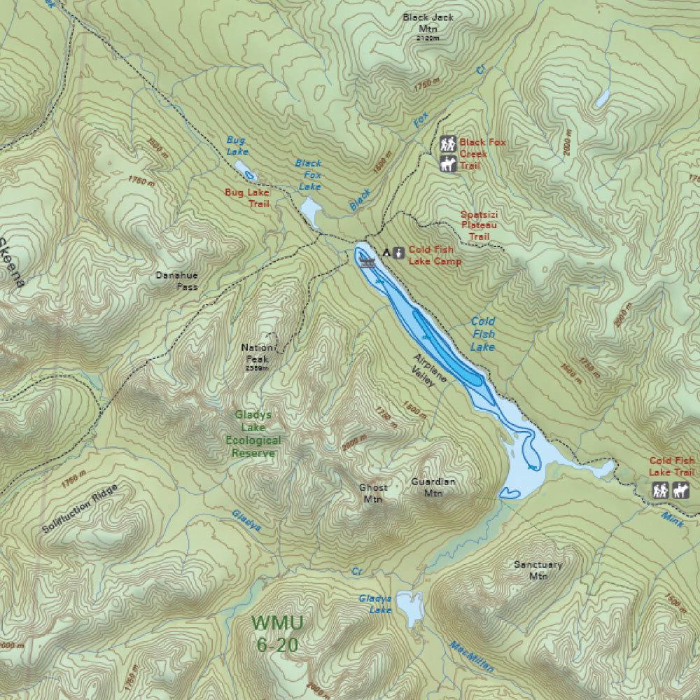 Topographic map of Cold Fish Lake, Spatsizi Plateau Provincial Park, showing trails, camps, and nearby mountains.