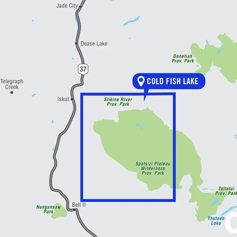 Map showing Cold Fish Lake in Spatsizi Plateau Provincial Park, British Columbia