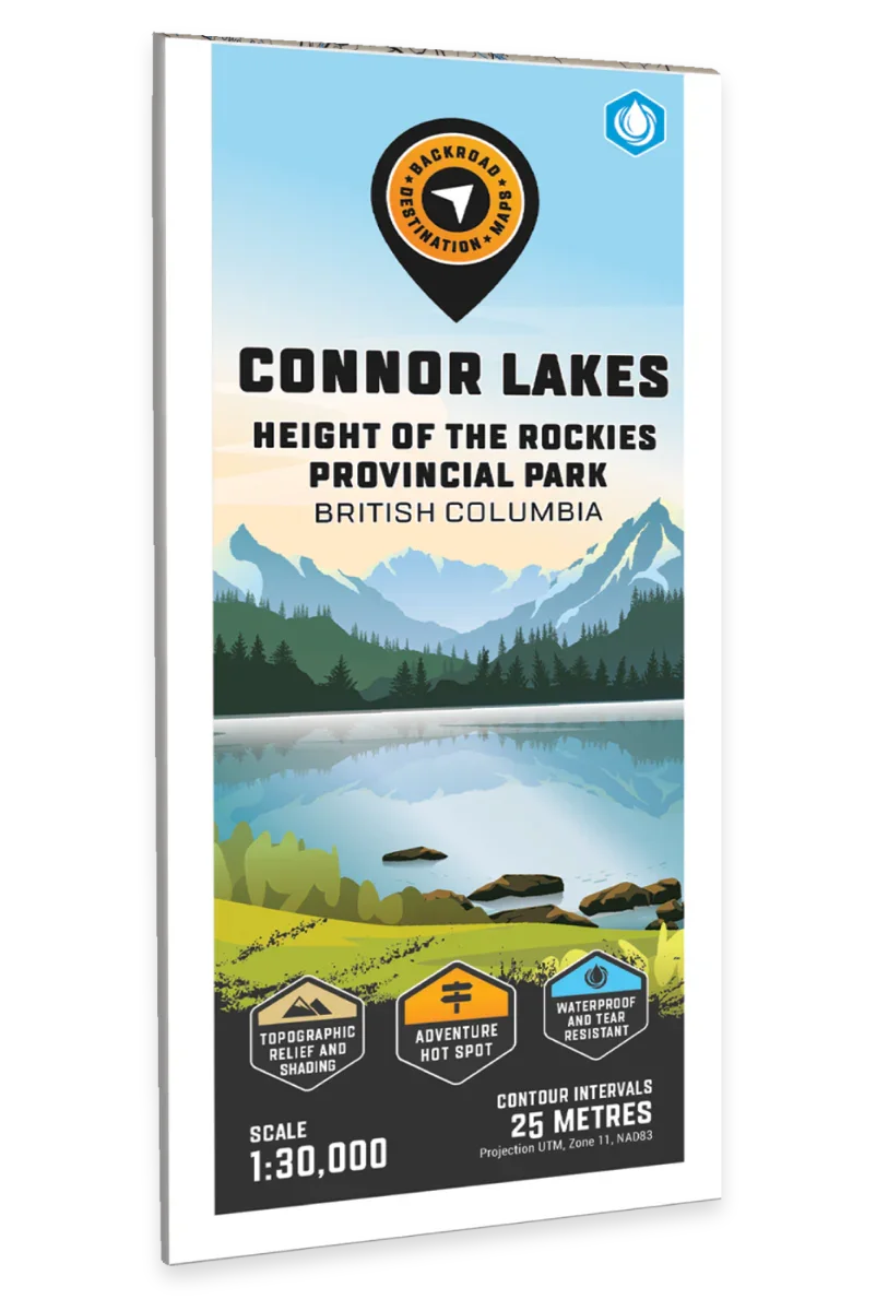 Connor Lakes Height of the Rockies Provincial Park BC map cover with lake, mountains, waterproof and adventure icons