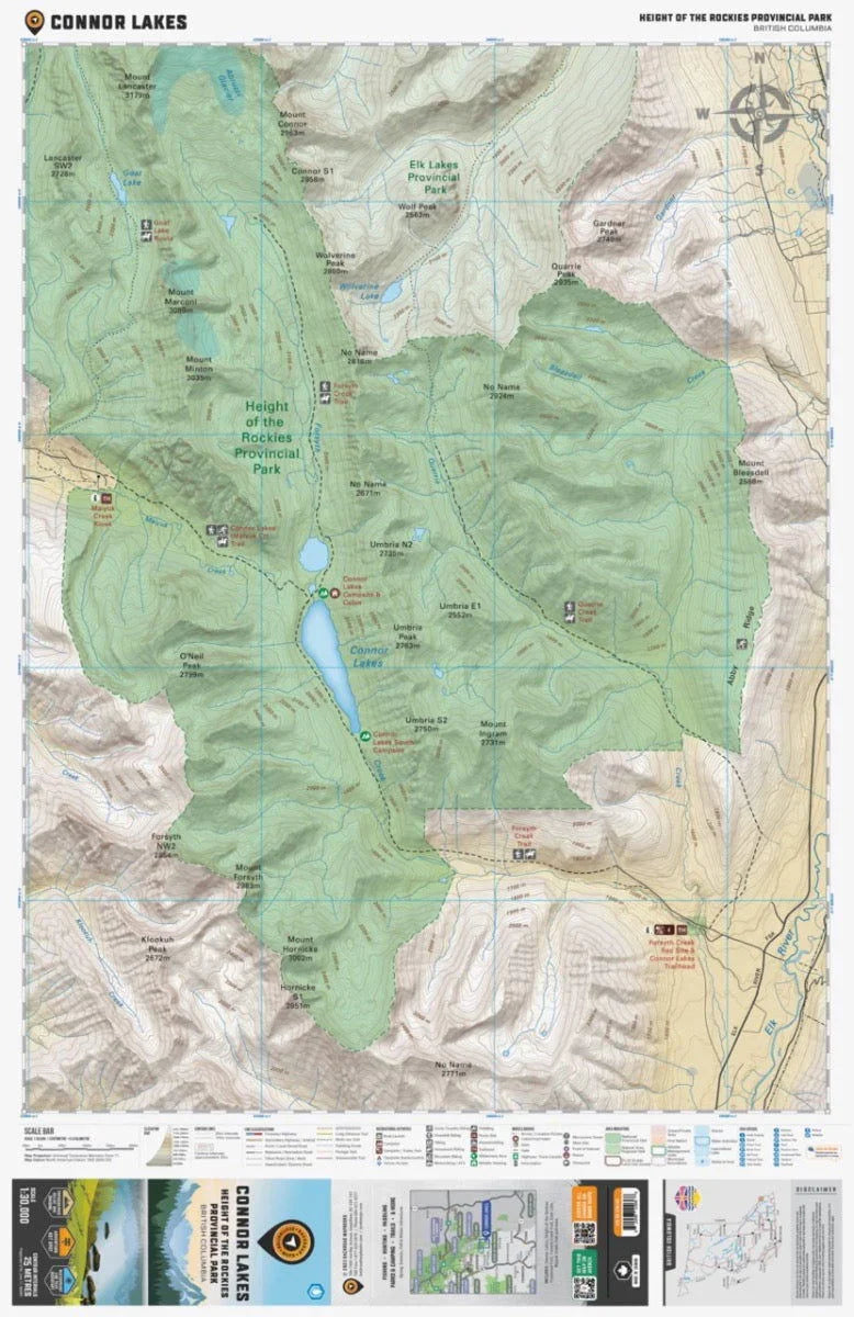 Connor Lakes topographic map, Height of the Rockies Provincial Park, British Columbia, trails and lakes visible.