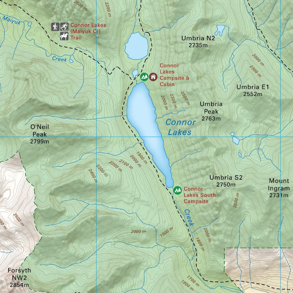 Connor Lakes map with campsites, cabins, trails, peaks and elevation in Height of the Rockies Provincial Park, BC