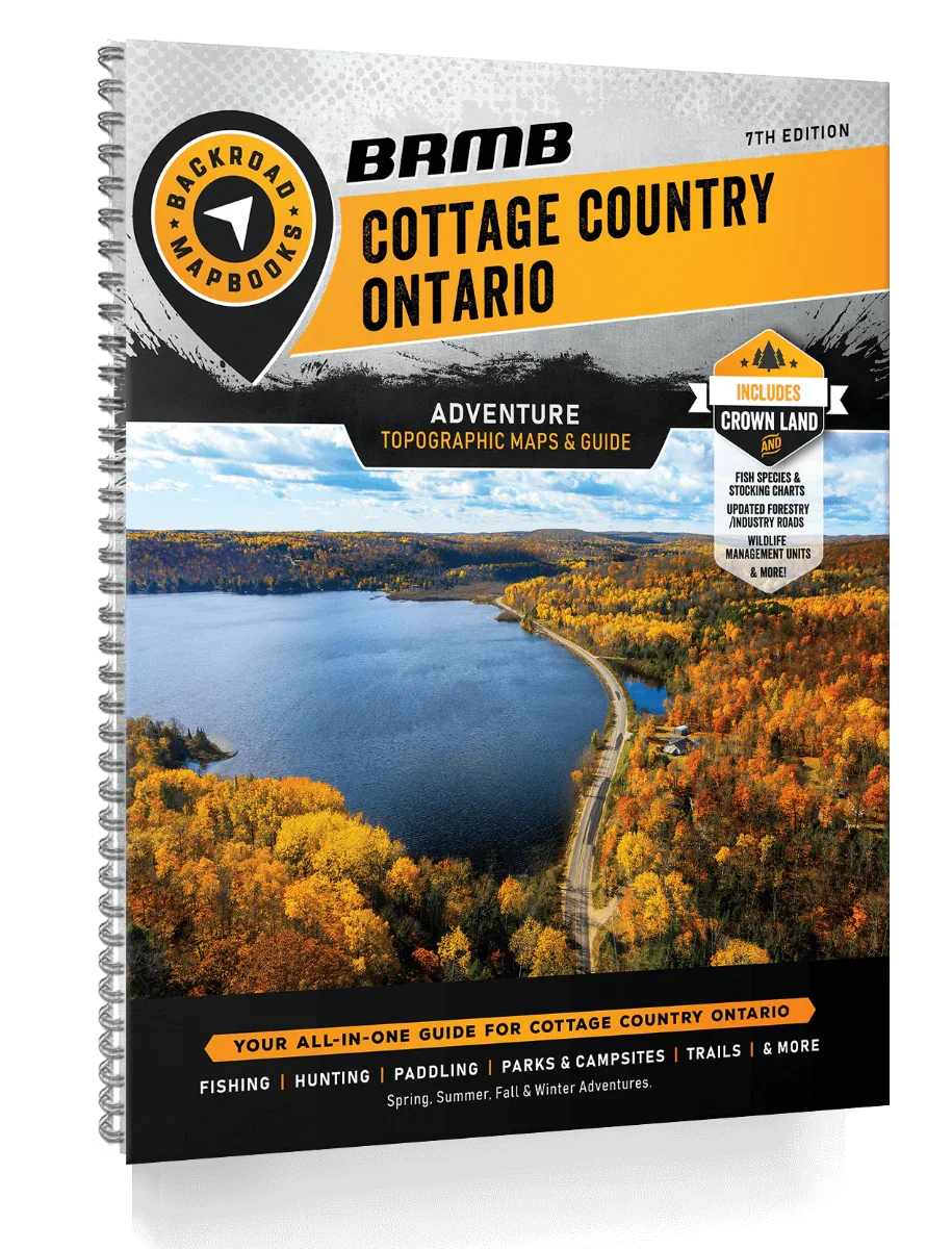 Cottage Country Ontario Backroad Mapbook cover with lake, autumn forest, and guidebook details.
